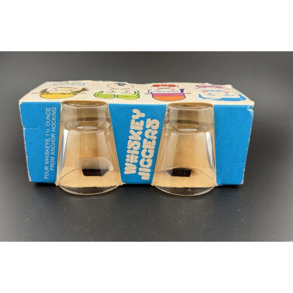 NOS 70's Vintage Set of 4 Anchor Hocking Whiskey Jiggers Original Packaging